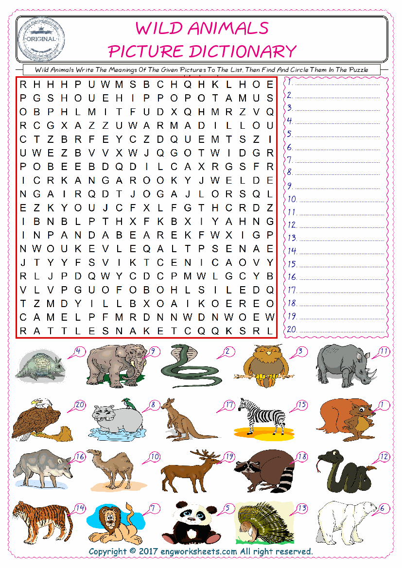  For kids, check the picture of Wild Animals find, and write the word and find it in the word puzzle ESL printable worksheet. 